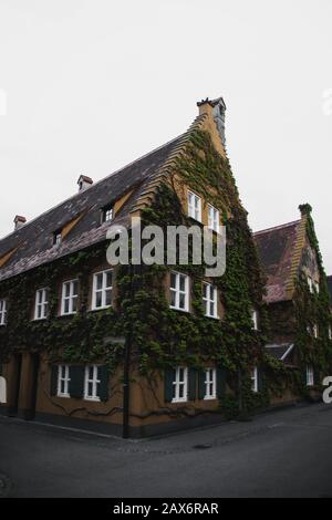 Ivy bedeckte das Fuggerei-Haus in Augsburg Stockfoto