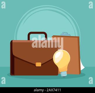 Business-Portfolio mit Zwischenablage und Glühbirne, farbenfrohes Design Stock Vektor