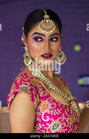 Porträt indischer Frauen im Traditionellen brautlook, Brautschminke mit schwerem Goldschmuck Stockfoto