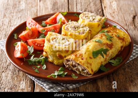 Eierrolle mit Fleisch, Käse und eingepickten Gurken in einer Platte, die mit Tomaten auf dem Tisch serviert wird. Horizontal Stockfoto