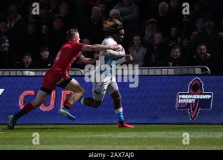 Sale Sharks Wing Marland Yarde bricht den Flügel während eines Premiership Rugby Cup Halbfinales, Freitag gewonnen durch Sale 28-7, 7. Februar 2020, in Eccles, Großbritannien. (Foto von IOS/ESPA-Images) Stockfoto