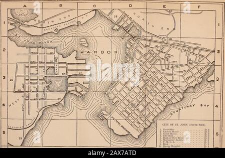 Die Seeprovinzen: Ein Handbuch für Reisende. WEST SIDE. 29. Cantilever R. R. Bridge. W. Marsli Bridjre 31. Hängebrücke . . 32. Schilfrohrpunkt . . . 33. Negrotown Point . . Rathaus . .Markt. Martello Tower New Victoria. Y. M. C.A. . 9. Rink LU. Marine Ho.spital 11. Stadtkrankenhaus . 12. Wiggins Asyl 13. Friedhof . . 14. Kings Square. 15. Queens Square.Hi. Kathedrale . . 17. Dreifaltigkeitskirche 18. St. Pauls . . 19. St. Johns. .211. St. Andrews. .21. Intercolonial und . F. 2 . D. 4. F. 2 . D. 4. E. 3. E. 3. D. 4E. 2, 3 ST. JOHN. Route 1. 15 1. St. Johannes. Ankunft vom Meer. - S Stockfoto