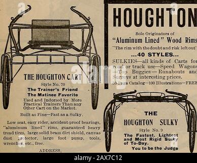 Züchter und Sportler . Feiner Angelanzug, Gewehre, Sportartikel und Outing Phono Vorübergehend im Jahr 1883. 5I0 Market St., SaiiFrancisco. Houghton Sohle Originatoren von Aluminium Gefüttert Holz Felgen Die Felge mit den Zweifeln und dem Risiko übrig...40 STYLES... SULKIES-alle Arten Von Wagen für die Straße oder die Strecke Gebrauchs-Wagen-Top-Buggies - Runabouts und Surreys zu interessanten Preisen.50-Seiten-Katalog-100 Illustrationen-FREI Gebaut so Fein-schnell wie ein Sulky. Niedrige Sitzfläche, einfacher Fahrer, unfallsichere Lager, mit Aluminium gefütterte Felgen, garantierte Reifen mit hoher Lauffläche, großer fester Messingschmutzabschirmung, Canvasstaub-Schutz, große Fußpumpe, Werkzeuge, Stockfoto