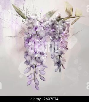 Frühlings- und Sommerblumenauswahl - Digitale Wisteria mit Aquarellfarbe Stockfoto