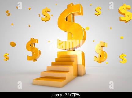 Schild mit goldenem Dollar auf einem Sockel mit Stufen. 3D-Rendering Stockfoto