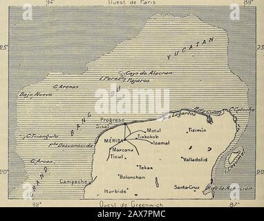 Nouvelle GÃ©ographique universelle : la terre et les hommes. " dos Â", orientÃ© du sud-est aunord-ouest, vers langle Ã©moussÃ© de la pÃ©ninsule, et se rattachent Ã unchaÃ® non qui longe la cÃ'te occidentale de Campeche. Des collines boisÃ©essalignent aussi, du sud-ouest au nord-est, dans la direction du Cap Catoche. Cette dalle calcaire du Yucatan, de forme si rÃ©guliÃ¨re, preque GÃ©omÃ©-trique, se continue au loin en dehors de la ligne des rivages. Seule la cÃ'te 4 Voyage GÃ©ologique dans les RÃ©publiques de Guatemala et de Salvador. 232 NOUVELLE GÃOGRAPHIE UNIVERSELLE. Orientale est baignÃ©e Stockfoto