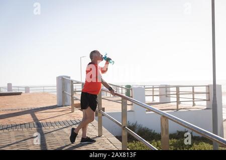 Jogger-Trinkwasser am Meer Stockfoto