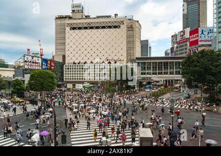Tokio, Japan - 30. August 2016: Luftansicht der berühmten Kreuzung Shibuya mit Menschenmassen, die die Straße überqueren Stockfoto