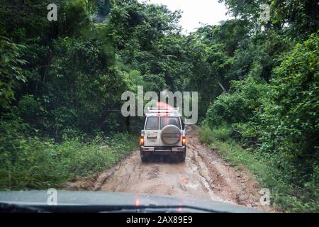 Fahrzeuge auf der schlammigen Chiquibul Road im Mountain Pine Ridge Forest Reserve, die in Regen nach Caracol, Maya Ruins, Cayo District, Belize, Mittelamerika fahren Stockfoto