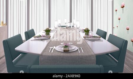 3D-Rendering des Hellen und modernen Esszimmers mit einzigartigen Tapeten Stockfoto