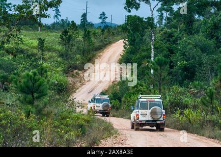 Fahrzeuge auf der schlammigen Chiquibul Road im Mountain Pine Ridge Forest Reserve, die in Regen nach Caracol, Maya Ruins, Cayo District, Belize, Mittelamerika fahren Stockfoto