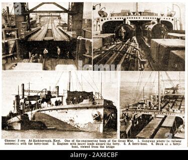 Ein zusammengesetztes Foto der Zeitschrift aus den 1920er Jahren von der ehemaligen Kreuzweg-Eisenbahnfähre WWI in Richborough Kent, Großbritannien. Lieferungen, Waffen, Munition, Lebensmittel und andere wichtige Lieferungen, die in ganz Großbritannien hergestellt wurden, wurden ab dem Jahr 1916 an Truppen auf der anderen Seite des Ärmelkanals transportiert, um die alte Methode des Abschleppens einzelner Lastkähne zu ersetzen. Auch Straßenfahrzeuge wurden transportiert, darunter ein Krankenwagen, Train Ferry One wurde im zweiten Weltkrieg wieder eingesetzt und erhielt den Namen "HMS Iris" (später "Princess Iris"). Stockfoto