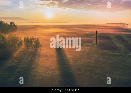 Morgenaufgang mit Nebel und Sonne am Horizont auf den Feldern Weißrusslands Stockfoto