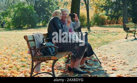 Zoom-Schuss von jungen Frauen und ihrer Großmutter, die etwas auf dem Smartphone im Park sehen. Es gibt einen schönen sonnigen Herbsttag. Stockfoto