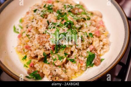 Hausgemachtes italienisches, gekochtes Pilzrisotto in runder Schüssel Stockfoto