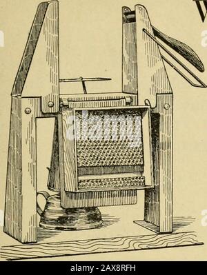 Verbeugungen in der Bienenkultur . JUNI 1916. Woodmans Abschnittsbefestigung EINE kombinierte Abschnittspresse und Fundamentbefestigung aus Pressstahl. Es faltet den Abschnitt, und Putsin-Starter oben und unten bei einem Handling, wodurch eine große Menge an Arbeit gespart wird. Hunderte von ihnen sind im Einsatz. Das Verkaufsjahr hat sich wunderbar erhöht, und sie geben im Fall Everj eine perfekte Sat-issfaction, wenn sie ordnungsgemäß betrieben werden. Dadant& Sons sagt, Dass Der Verkauf an Woodman-Abschnittsfixierer jetzt alle anderen übertrifft. Bei den Startern oben und unten ist der Kammaufsatz an allen vier Seiten befestigt, eine Anforderung, um die Lust zu bewerten. Erhöhen Sie den Farbwert Ihrer Ernte Stockfoto