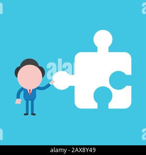 Vector Cartoon Illustration Konzept der gesichtslosen Maskottchen-Figur des Geschäftsmannes, die fehlende Puzzleteile auf blauem Hintergrund hält. Stock Vektor