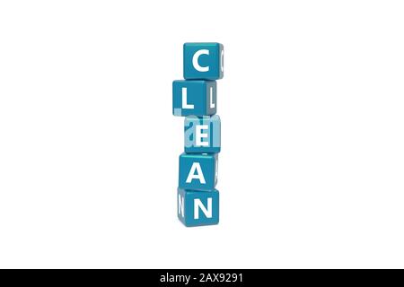 3D-Rendering, Kreuzworträtsel mit Buchstaben von Klaren Textwörtern auf blauen Feldern, isoliert auf weißem Hintergrund. Stockfoto