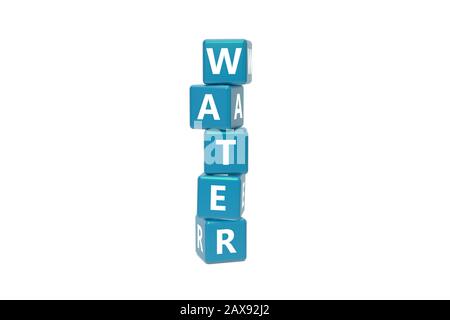 3D-Rendering, Kreuzworträtsel mit Buchstaben von Wassertexten Konzept auf blauen Feldern, isoliert auf weißem Hintergrund. Stockfoto