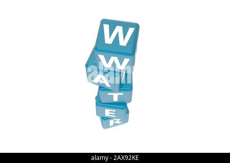 3D-Rendering, Kreuzworträtsel mit Buchstaben von Wassertexten Konzept auf blauen Feldern, isoliert auf weißem Hintergrund. Stockfoto