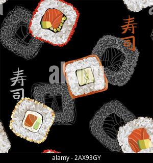 Maki rollen mit Lachs, Avocado und verschiedenen Füllungen. Nahaufnahme von köstlichen japanischen Speisen mit Sushi-Rolle. Vektor-Abbildung - nahtloses Muster Stock Vektor
