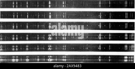 Die Auswirkungen Des Drucks auf Arc SpectraNo5Nickel, 3450 bis 5500 Dollar Lambda, Einschließlich eines Kontos über die Verdrängungsrate mit Wave-Length, des Verhältnisses zwischen Druck und Verdrängung, Des Einflusses der Materialdichte und der Intensität der Spektrallinien auf die Verschiebung und der Auflösung des Nickelspektrums in Gruppen von Linien . + zu Breites Spektrum kontinuierlich Nl C KEL. A= 4-050 Fc Fe Fe Mn:. 1 60 S5! II i l i II 1 I I 1   Co Fe Co *f 1 Co Fe t r so II sr, Go f 1 .35 loo WS 1 no f/s II 1 ll 1 ll 1 1111 1 III II III ll 1 12f&g Stockfoto