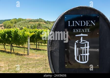 Lindener Weinberg und Schild, ESK Valley, Hawkes Bay, Neuseeland Stockfoto