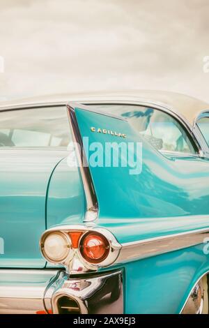 Den BOSCH, NIEDERLANDE - 12. MAI 2019: Rückwärtiger Heckabschluss eines klassischen, blauen Cadillac Fifties-Wagens in den Bosch, Niederlande Stockfoto