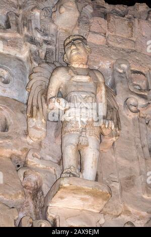 Geflügelte Maya-Warrior-Figur, in der Akropolis-Pyramide in Ek Balam Archeological Area, Yucatan State, Mexiko gehauen Stockfoto