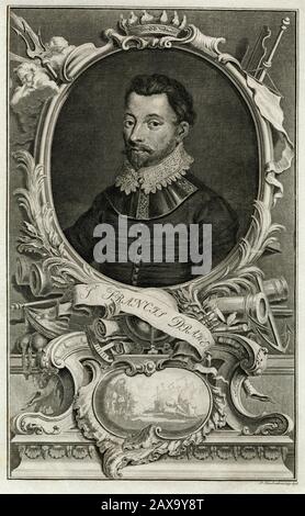 Sir Francis Drake (1540-1596), Seekapitän und Zirkumnavigator der Welt. Kopperplattengravierung, veröffentlicht etwa 1746, durch den niederländischen Gravierer Jacobus Houbraken (1798-1780). 1588 besiegte Drake als Vizeadmiral der englischen Flotte die spanische Armada und vereitelte den Versuch einer Invasion Englands durch König Philip II. Von Spanien. Diese Gravur enthält Details zu Drakes Leben, einschließlich einer laufenden Seeschlacht, einem Dreizack, einem Schiffsmast, einer Kanone, einem Anker und Das Porträt, eine Krone, verziert mit den Steeren von Segelschiffen. Stockfoto