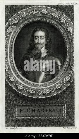 König Karl I (1600-1649), englischer Bürgerkriegsmonarch, hingerichtet 1649. Gravur, veröffentlicht 1745, von George Vertue (1684-1756), nach einem Porträt des flämischen Malers Sir Anthony van Dyck (1599-1641). Stockfoto