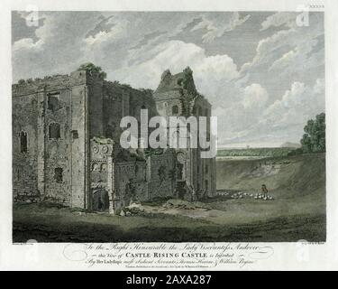 Castle Rising, Norfolk, England, wurde 1138 von dem normannischen Lord William d’Albini für seine neue Frau, die Witwe des englischen Königs Heinrich I., gegründet. In den 1300er Jahren wurde es zur luxuriösen Residenz von Königin Isabella, Witwe (und angebliche Mörderin) von König Eduard II. Gravur von William Byrne, nach einer Originalzeichnung des Landschaftsmalers Thomas Hearne (1744–1817). Veröffentlicht 1796 und später von Hand gefärbt. Stockfoto