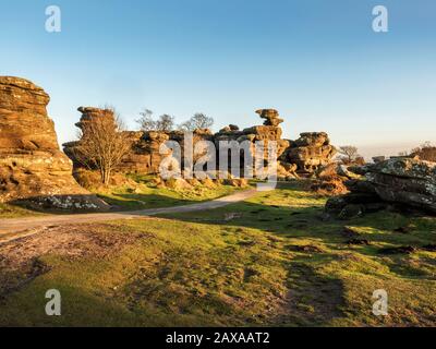 Gristone Felsformationen, die an einem Winternachmittag von der untergehenden Sonne in Brimham Rocks Brimham Moor Nidderdale AONB North Yorkshire England angezündet werden Stockfoto