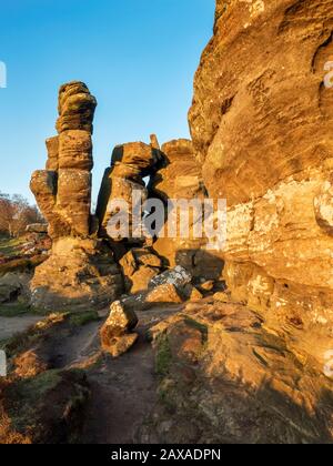 Gritstone-Felsformationen, die von der untergehenden Sonne in Brimham Rocks Brimham moor Nidderdale AONB North Yorkshire England angezündet werden Stockfoto