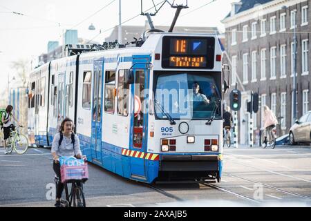 Straßenbahn Amsterdam fährt durch die Straßen, vor dem Radfahrer Stockfoto