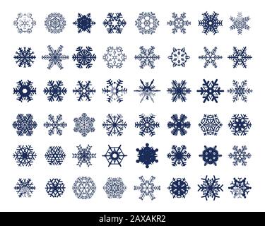 Verschiedene blaue Schneeflocken auf weißem Hintergrund Stockfoto