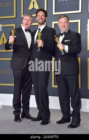 Los Angeles, USA. Februar 2020. Dominic Tuohy, Guillaume Rocheron und Greg Butler (Beste visuelle Effekte im Jahr 1917) im Presseraum der Oscarverleihung 2020/92 der Annual Academy Awards im Hollywood & Highland Center. Los Angeles, 9. Februar 2020 - weltweite Nutzung Credit: Dpa/Alamy Live News Stockfoto