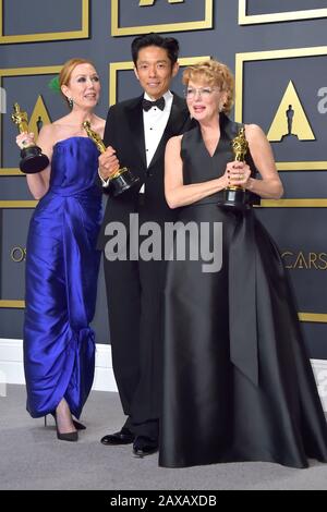 Los Angeles, USA. Februar 2020. Anne Morgan, Kazu Hiro und Vivian Baker (beste Makeup- und Frisuren in "Bombshell - Das Ende Der Stille") im Presseraum der Oscarverleihung 2020/92 der Annual Academy Awards im Hollywood & Highland Center. Los Angeles, 9. Februar 2020 - weltweite Nutzung Credit: Dpa/Alamy Live News Stockfoto