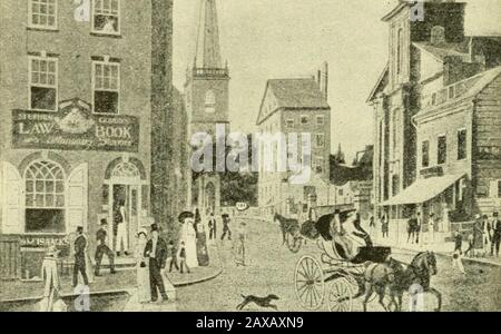 Valentine's City of New York; ein Buch mit sechs Karten und einhundertsechsundsechzig ganzseitigen Bildern. *-IIF?. Seltener Blick auf die Wall Street von Der Broad Street, 1S25. Simmons * Tavern und die Old Presbyterian Church sind rechts. Trinity Church at Head.From Stokes Ikonographie of New York. Das nächste Gebäude, ein prächtiges 40-stöckiges Gebäude, das sich bis zur Ecke erstreckt, ist die bekannte BankersTrust Company. Es nimmt den Ort ein, auf dem das bescheidene Holzgebäude von John Simmons asa Taverne aufbewahrt wird, und auch ein berühmtes, da Simmons sowohl Henry Brevoort als auch Washington Irving.But von Mc Stockfoto