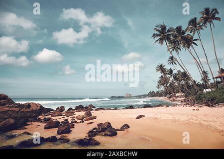 Tropischer Strand mit Felsen und Kokospalmen, farbiges Bild, Sri Lanka. Stockfoto