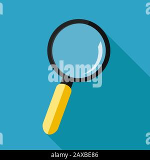 Lupe mit gelbem Griff auf blauem Hintergrund mit Schatten. Zoom- oder Suchtechnologie. EPS 10 Stockfoto