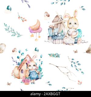 Niedliche Hasen im Wald. Nahtloses Federmuster, Cartoon-Illustration für Kinderbekleidung. Woodland Watercolor Stil. Hand gezeichnetes Boho-Bild für Stockfoto