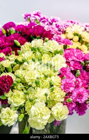 Riesige Blumensträuße aus frischen, grünen, rosafarbenen, weißen und roten Nelken. Hintergrund der Nelkenblüten. Selektiver Fokus. Stockfoto