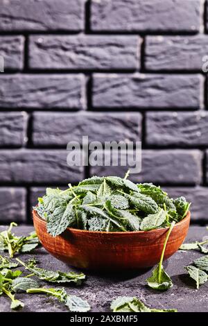 Kale verlässt auf einer Schüssel auf dunklem Betonhintergrund vor einer schwarzen Ziegelwand, vertikale Ausrichtung, Kopierraum, Nahaufnahme Stockfoto