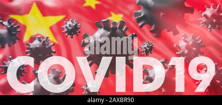 Covid 19-Text. Grippe China Coronavirus Pandemievirusinfektion, chinesisches Grippekonzept. 3D-Abbildung Stockfoto