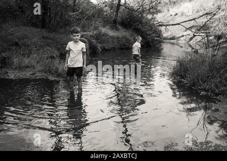 Jungen, die im Fluss wehen Stockfoto