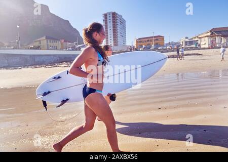 Junge Surfer mit Surfbrettern am sonnigen Strand Stockfoto