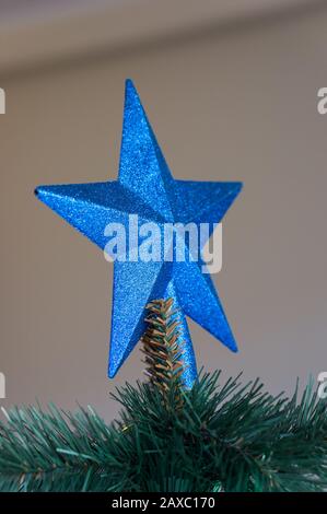 Blauer Stern auf die Tanne während gelegt Weihnachten Stockfoto