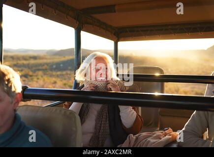 Glückliche Seniorin auf Safari im Geländewagen Stockfoto