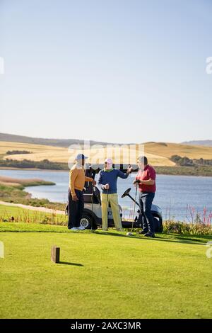 Männliche Golfspielerfreunde, die auf dem sonnigen Golfplatz am See sprechen Stockfoto